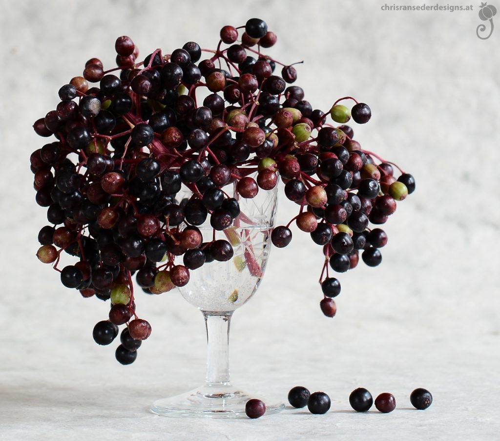 Bouquet of elderberries in a liqueur glass. | Strauß aus Holunterbeeren in einem Glas für Likör.