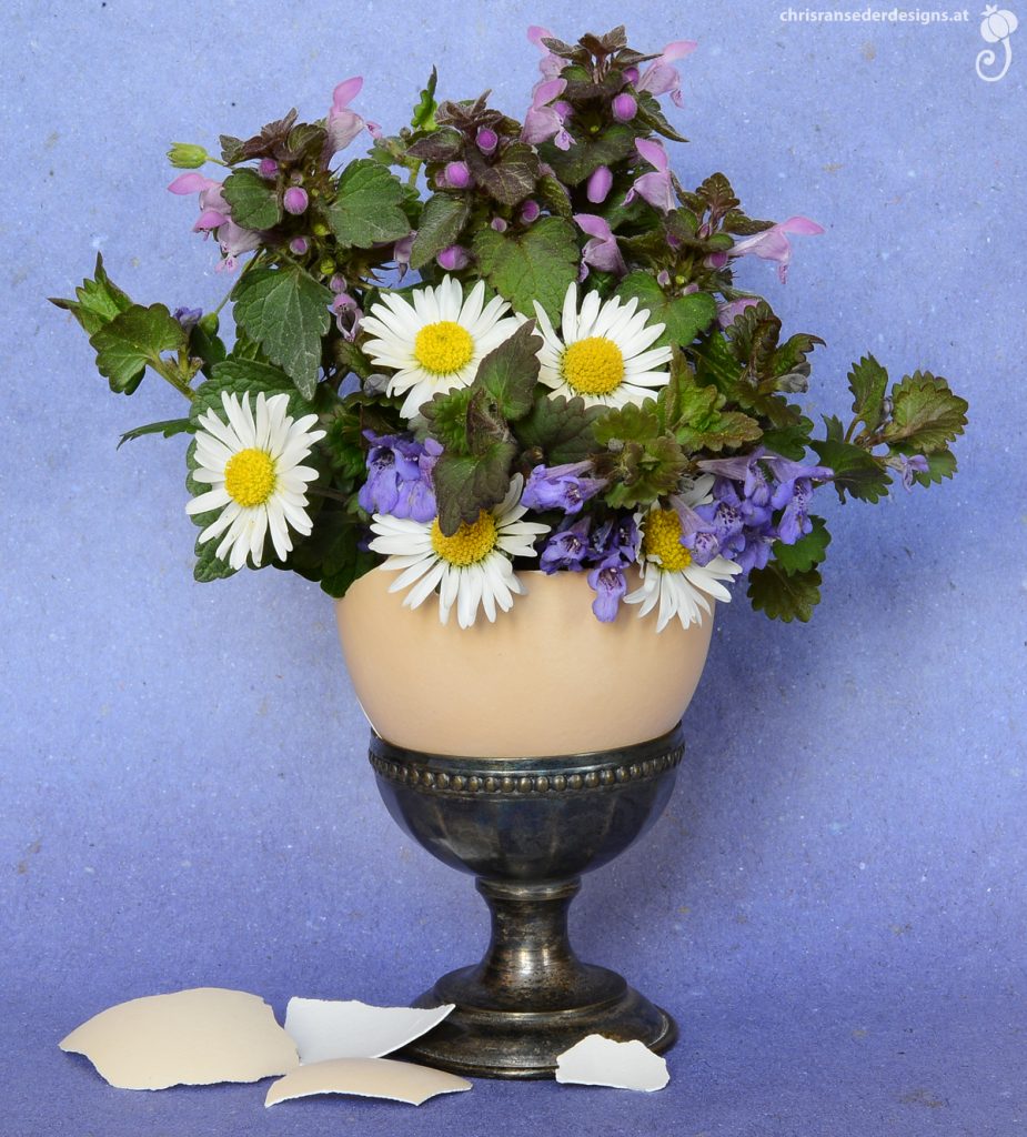 Bouquet of flowers in an eggshell positioned in an antique salt cellar. | Unkraut vom Wegesrand in einer Eierschale, die auf einem alten Saltgefäß balanciert.