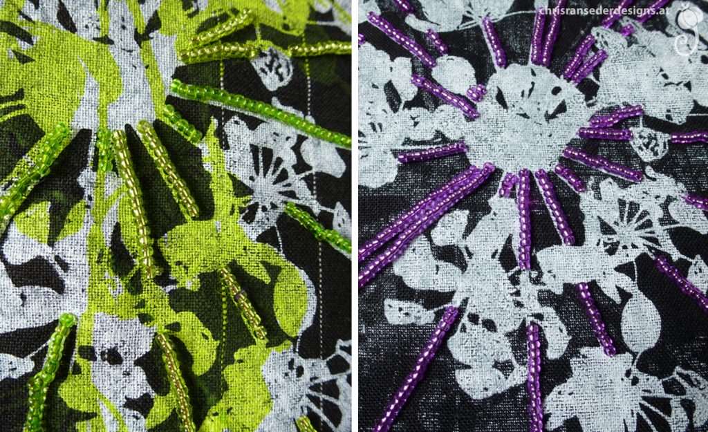 Detail of beadwork used as embellishment on some cushion covers. | Detail der Perlenstickereie, die einige Kissen schmückt.