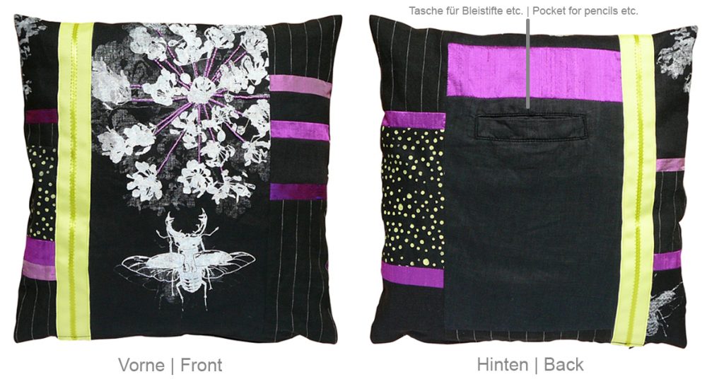 Front and back of another cushion cover with a pocket at the back. | Vorder- und Rückseite einer Kissenhülle mit Tasche an der Rückseite.