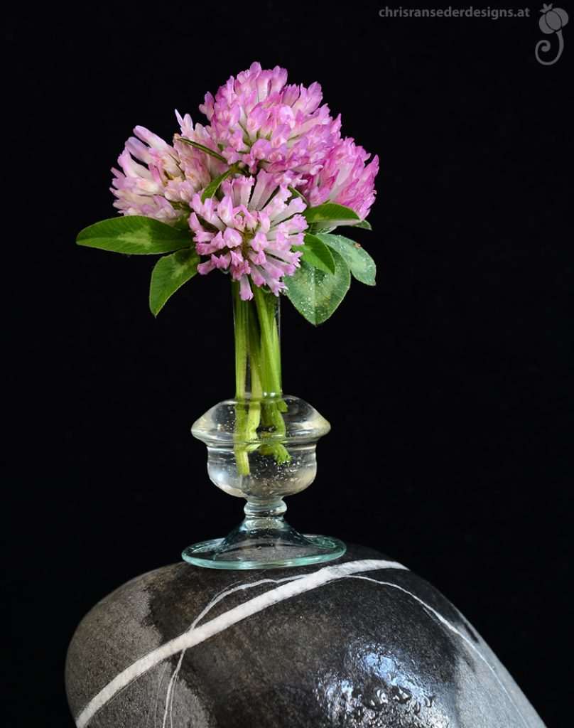 A tiny glass vase filled with clover blossoms rests on a veined stone. | Eine kleine Glasvase mit Kleeblüten steht auf einem großen Kieselstein.