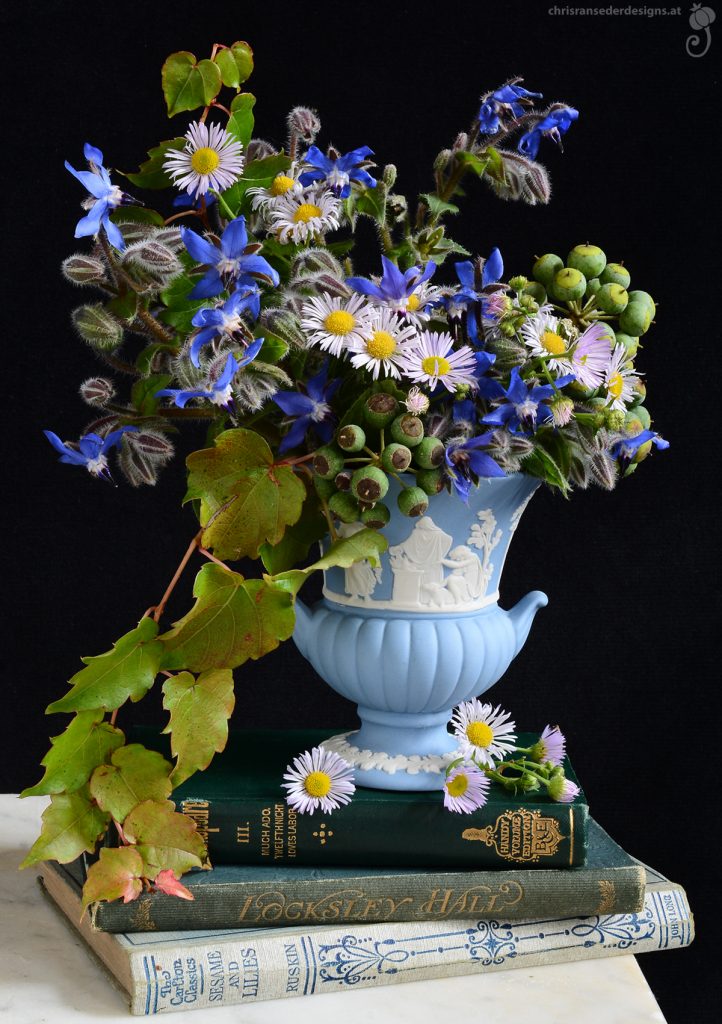 Ein Bouquet aus blau blühendem Boretsch (Borago officinalis), Gemeiner Schafgarbe (Achillea millefolium),  Wildaster (Aster ageratoides), Früchten von Efeu und Blattranken von Wildem Wein in einer kleinen, blauen Vase von Wedgwood, die auf alten Büchern steht. 