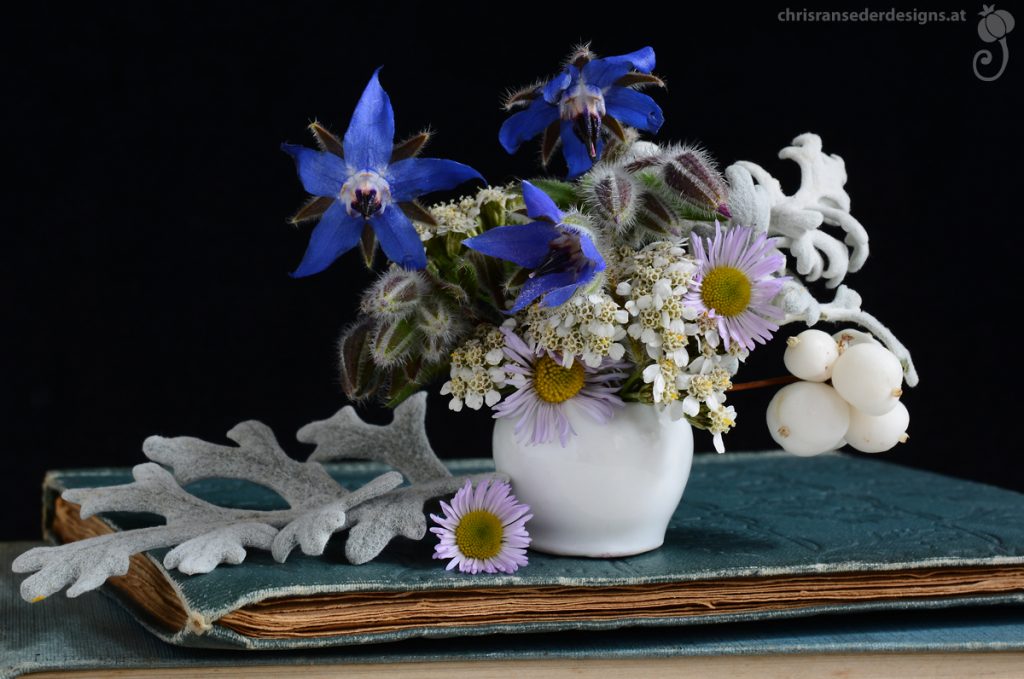 Ein Bouquet aus blau blühendem Boretsch (Borago officinalis), Gemeiner Schafgarbe (Achillea millefolium), Wildaster (Aster ageratoides) und Schneebeeren in einer weißen, kugeligen Vase, die auf alten Büchern steht. 