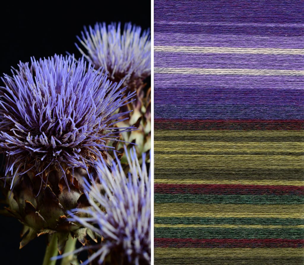 Relatively fresh artichoke thistles and a palette of greens and purples wound with scrap yarn.